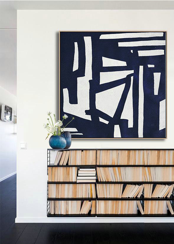 Extra Large Abstract Painting On Canvas,Hand Painted Navy Minimalist Painting On Canvas,Contemporary Wall Art